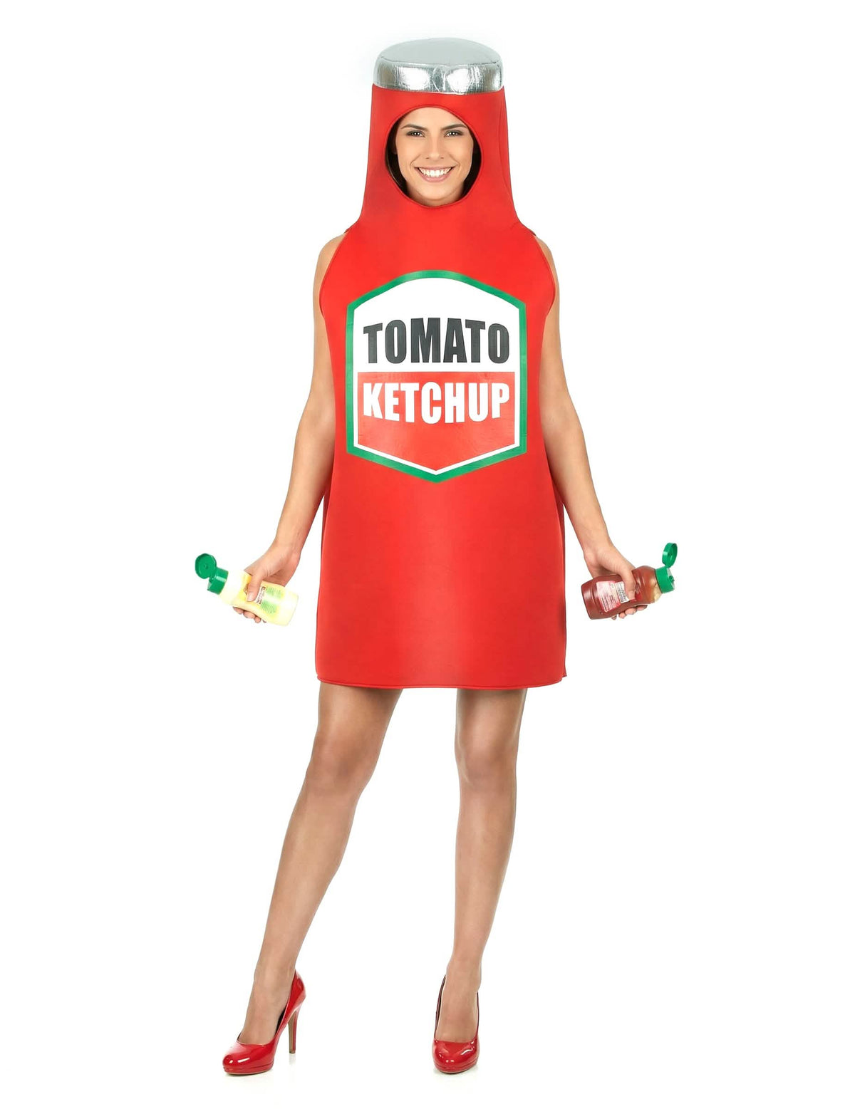 Vista de frente con accesorios del disfraz de ketchup para adulto