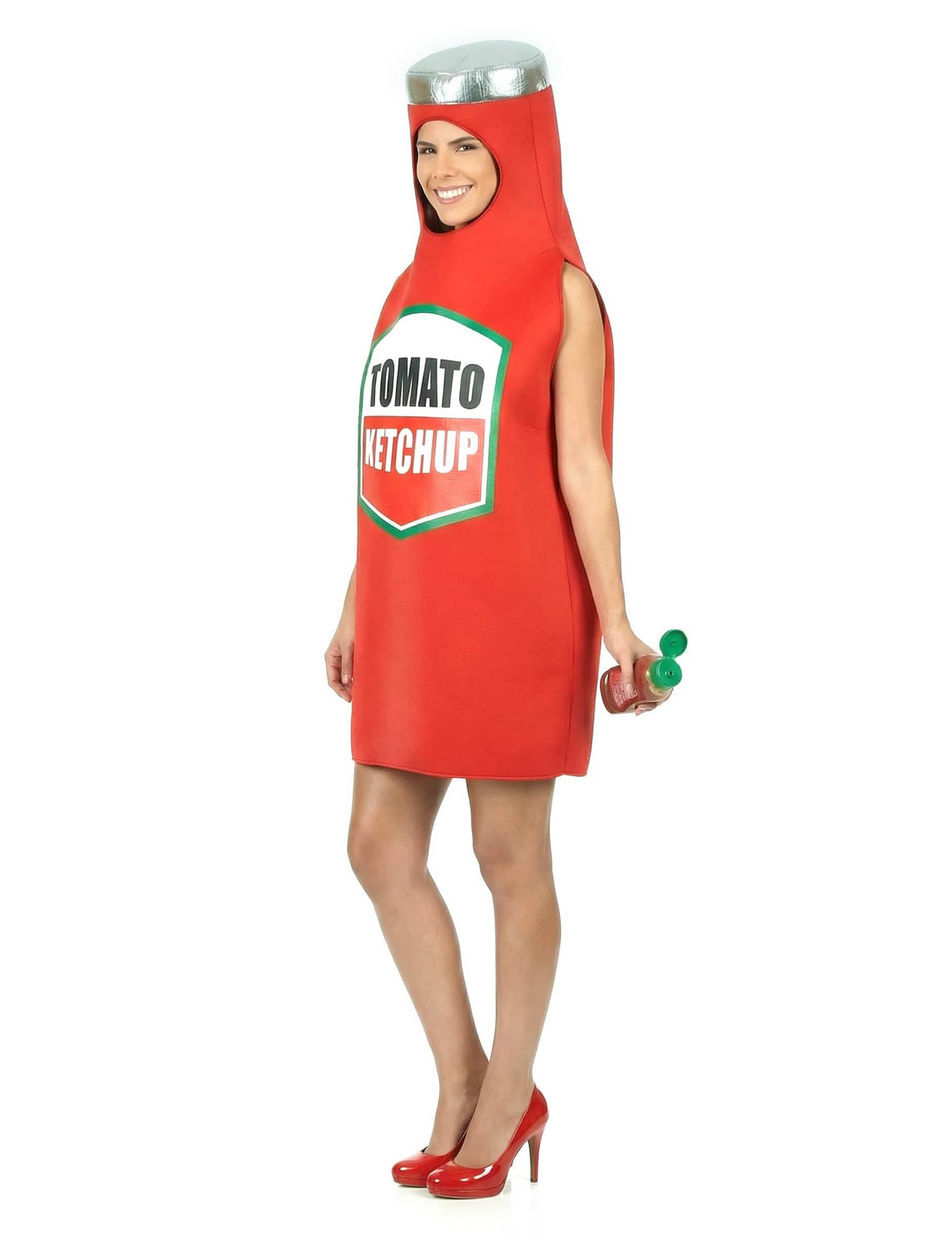 Vista de tres cuartos del disfraz de ketchup para adulto