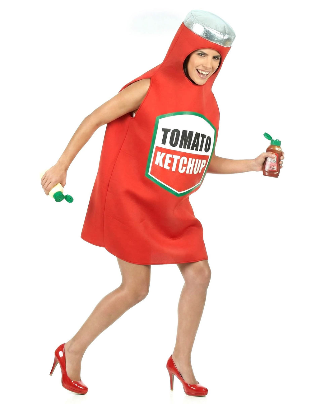 Vista frontal en acción del disfraz de ketchup para adulto