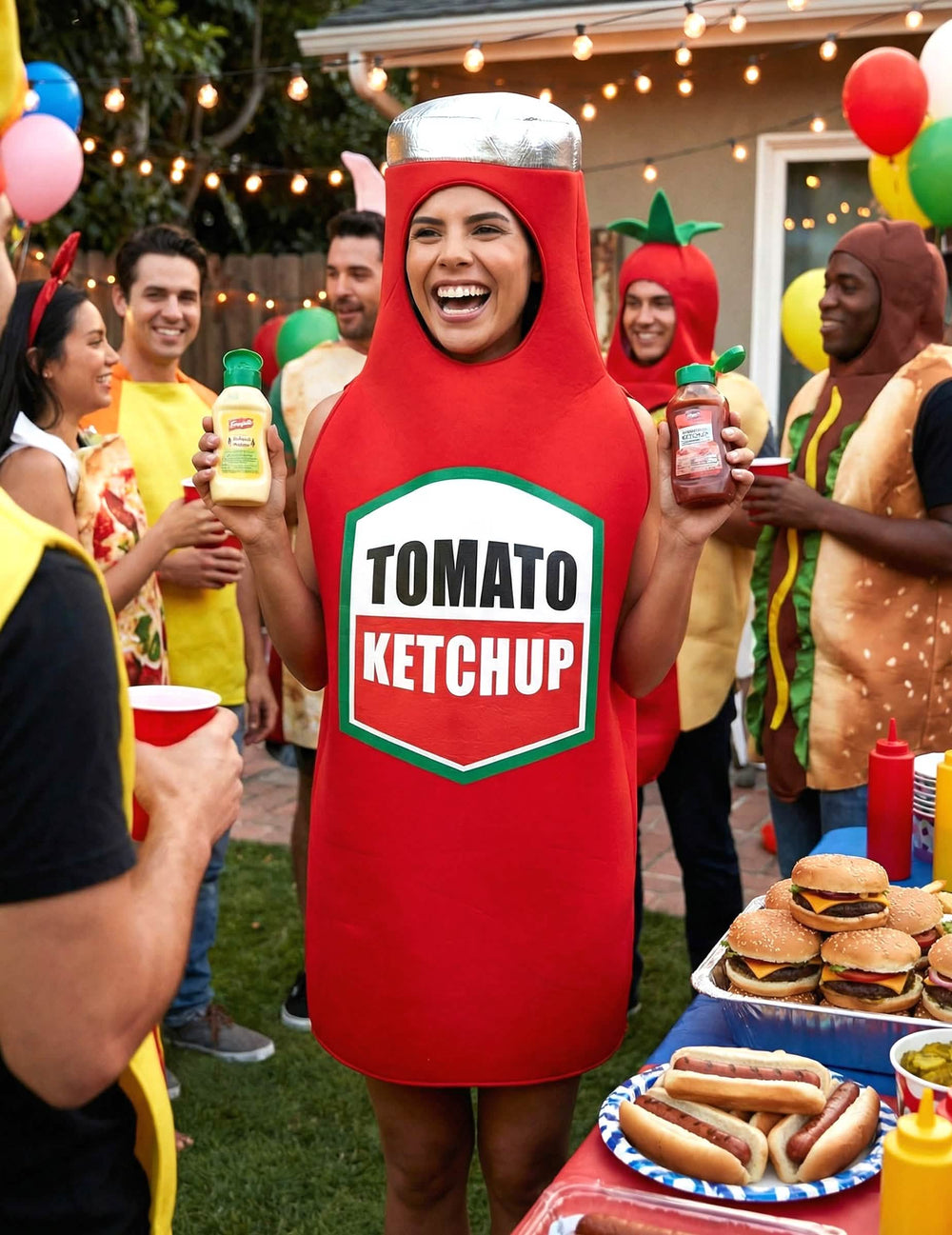 Puesta en escena festiva del disfraz de ketchup para adulto