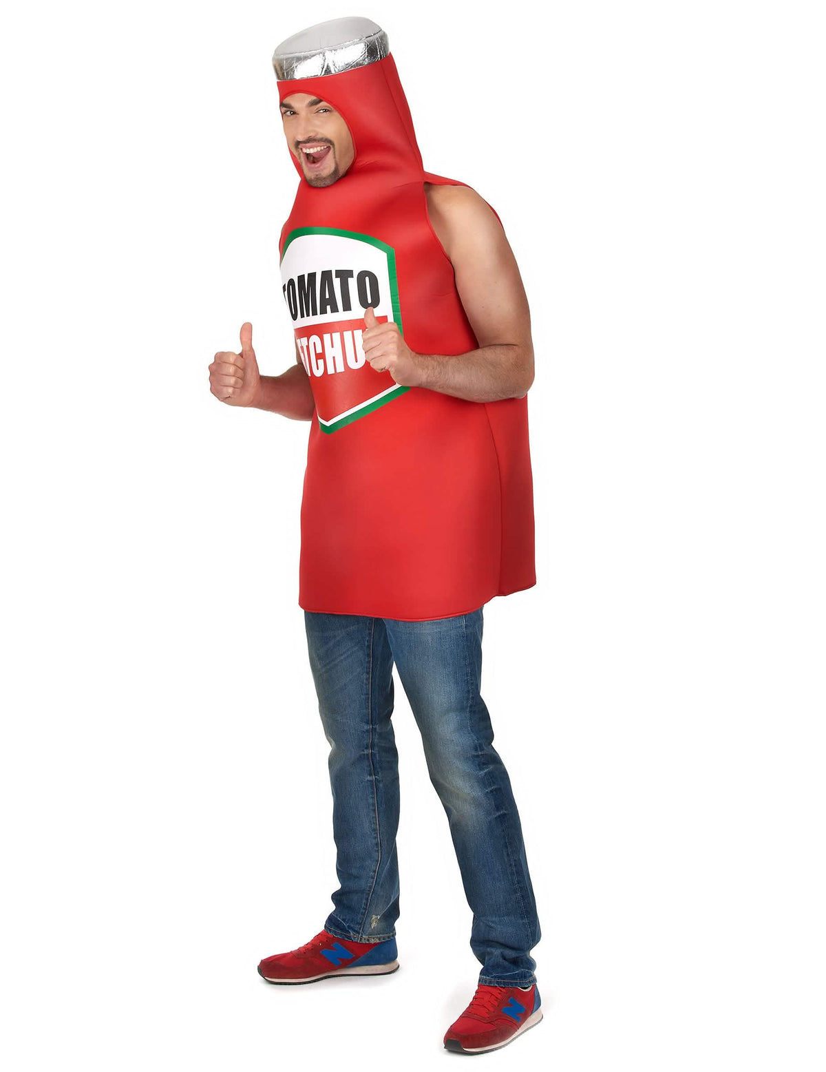 Vista de perfil del disfraz de ketchup para adulto