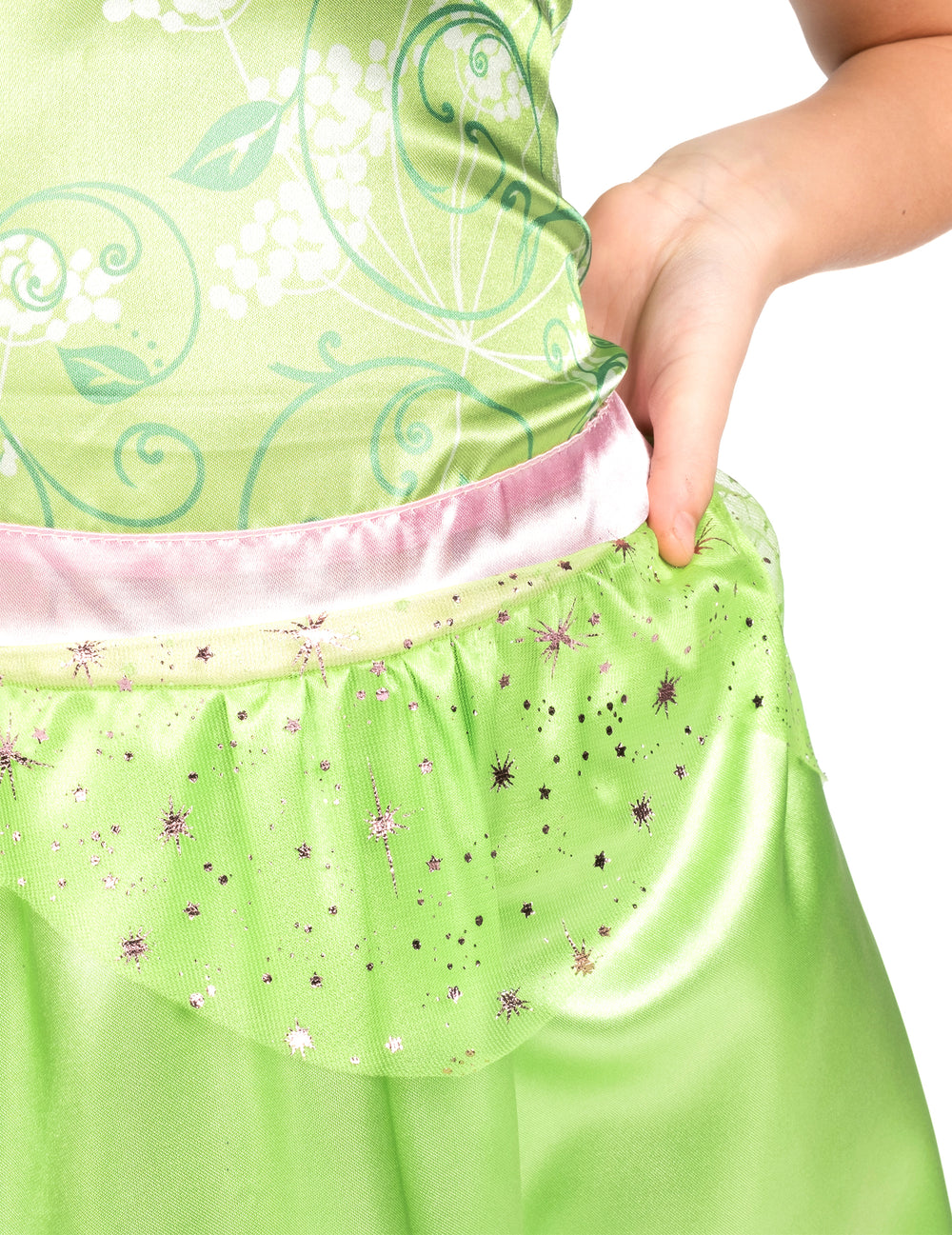 Détail du volant pailleté et de la ceinture du déguisement de la Fée Clochette basique