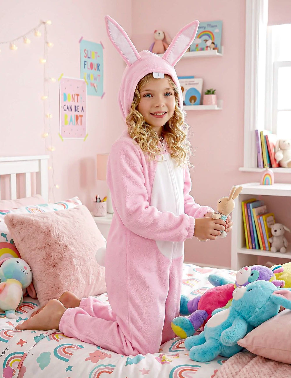 Vue agenouillée du déguisement de lapin pour enfant