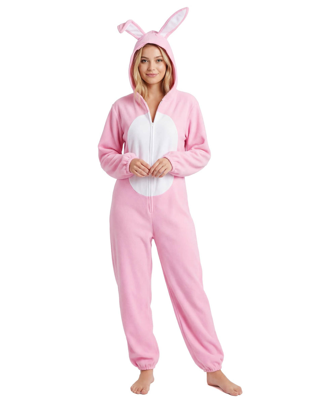 Disfraz de conejo para mujer rosa y blanco con capucha con orejas