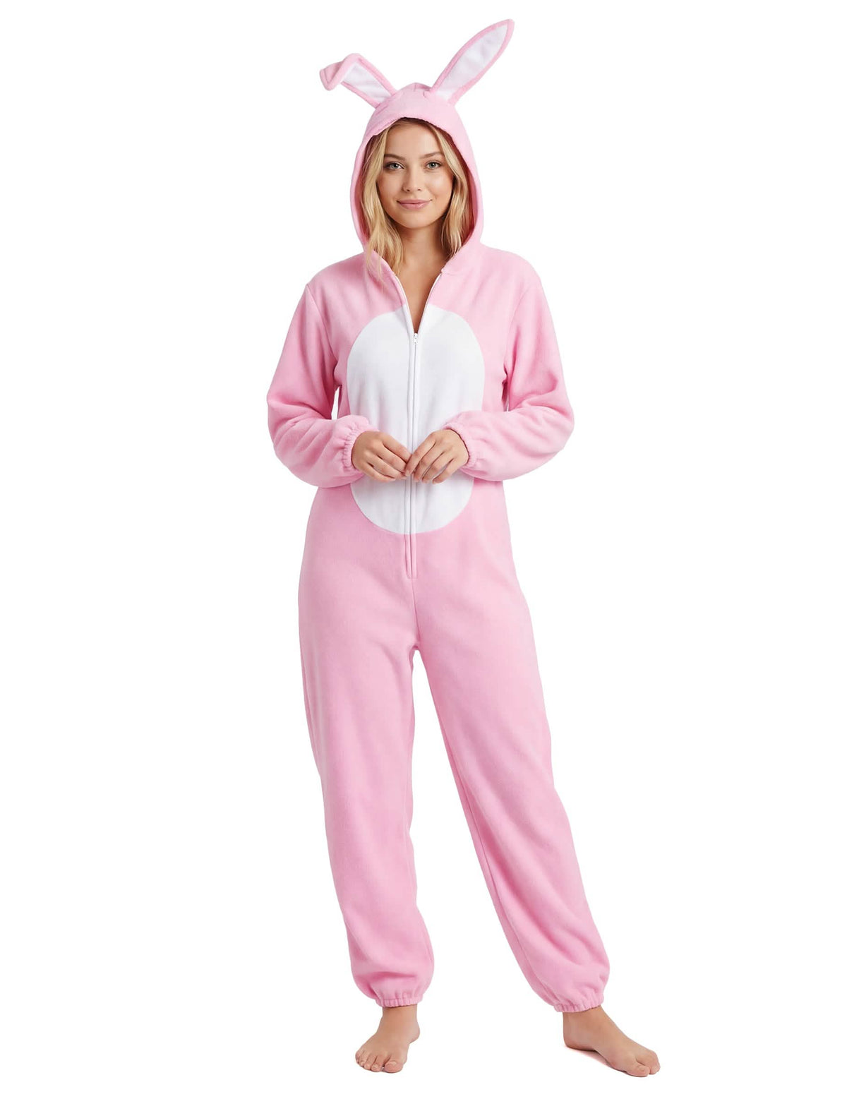 Disfraz de conejo para mujer rosa y blanco con capucha con orejas