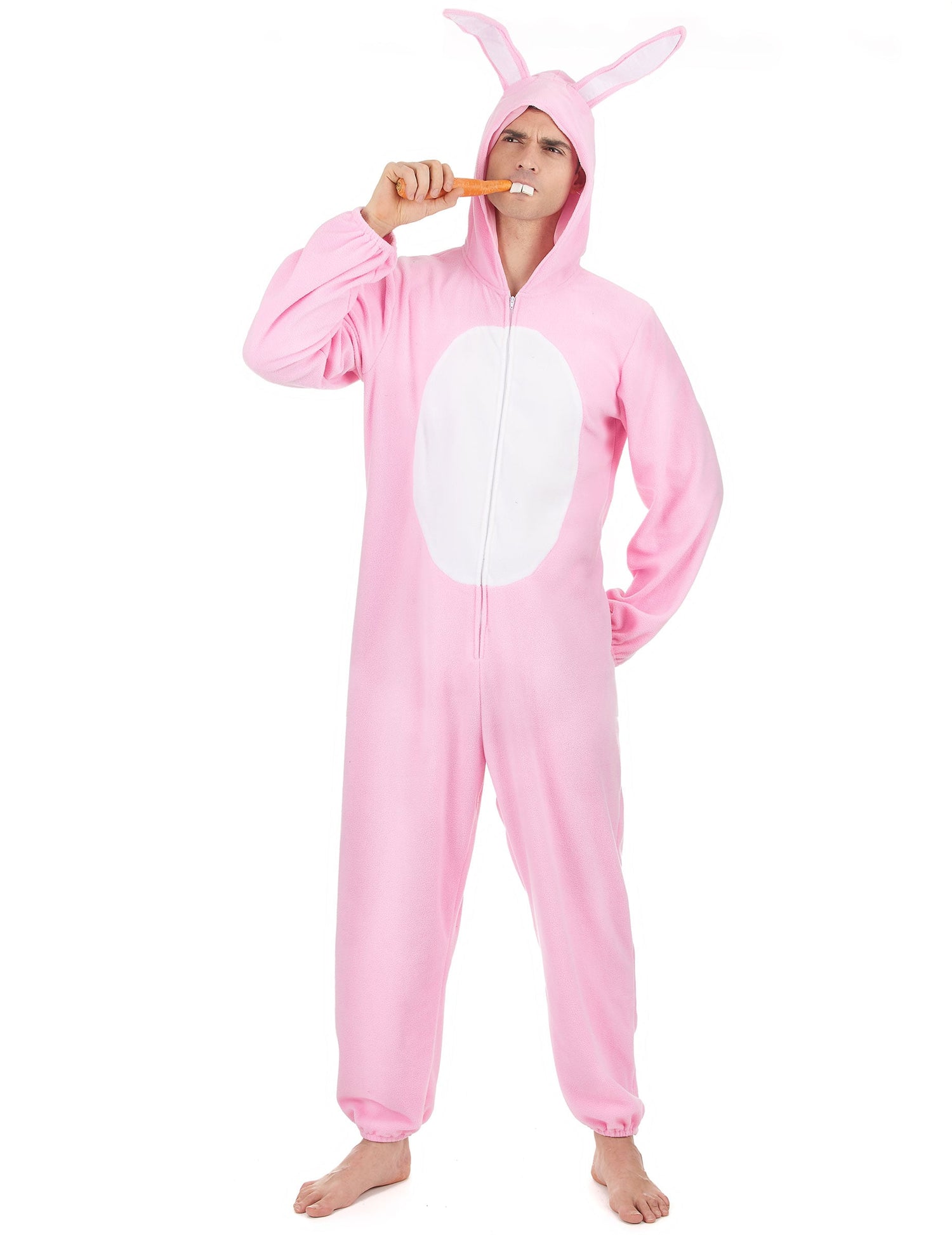 Déguisement de lapin pour homme rose avec ventre blanc et capuche à oreilles