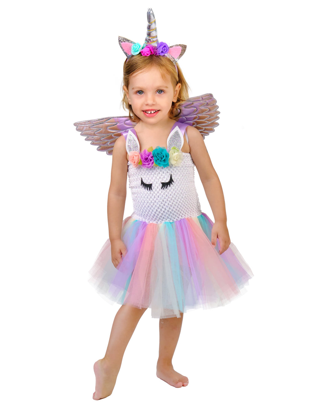 Déguisement licorne fleurie pastel pour fille multicolore avec ailes et serre-tête