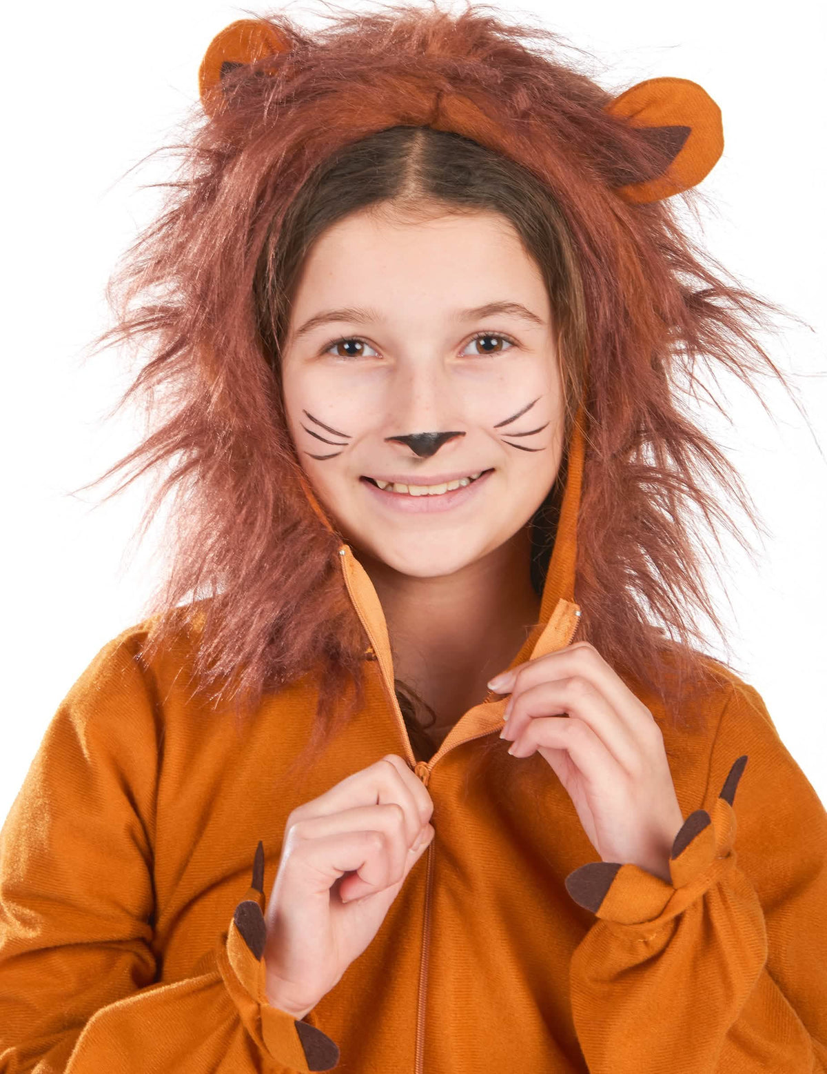 Détail de la capuche et de la fermeture éclair du déguisement de lion effet polaire pour enfant