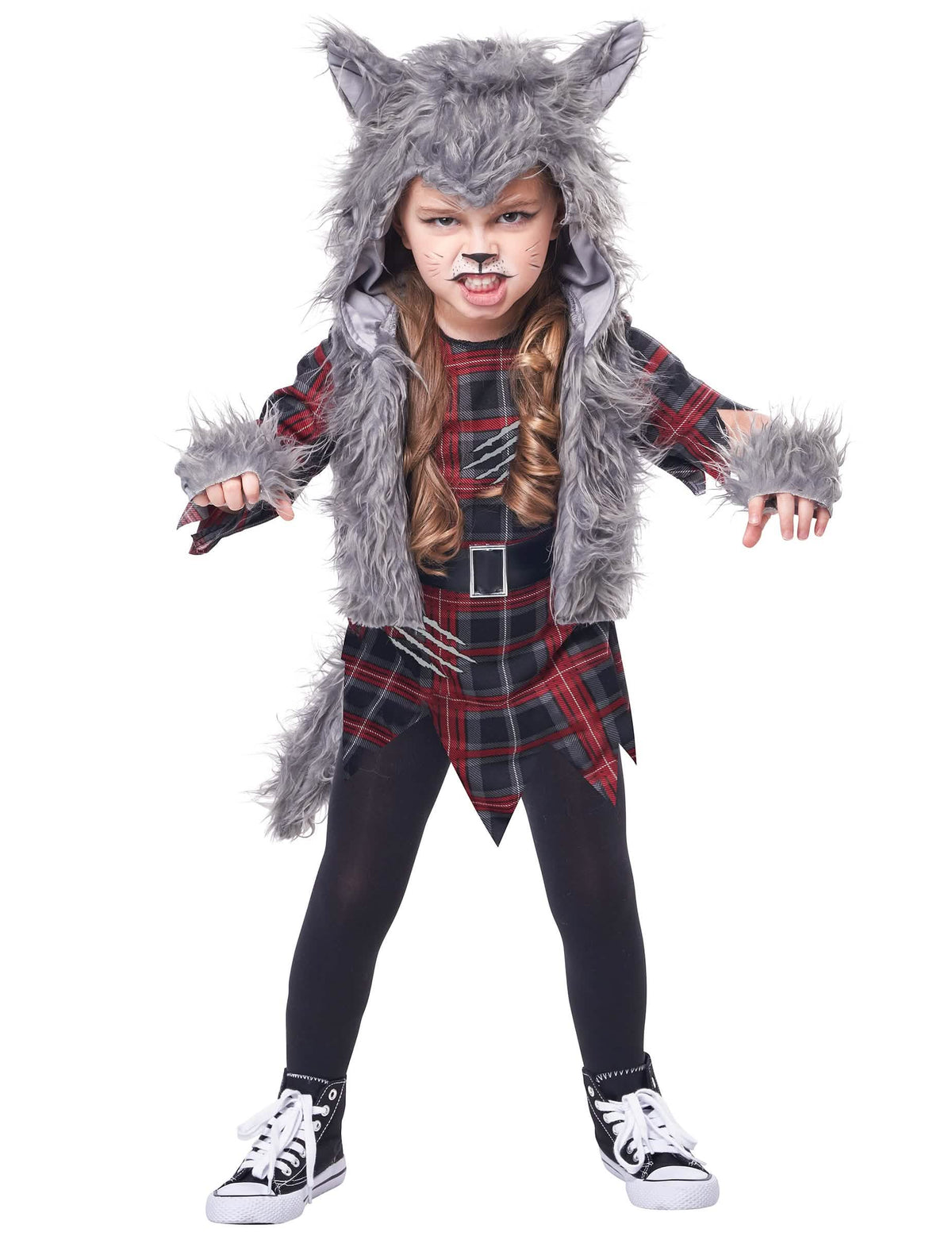 Disfraz de hombre lobo para niña gris de lujo con vestido de cuadros y piel sintética