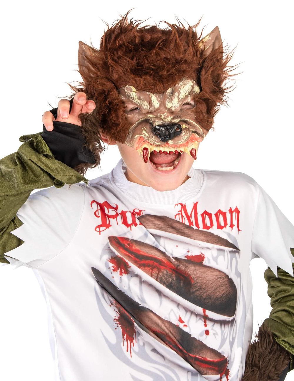 Gros plan sur le masque et le haut du déguisement de loup-garou pour enfant