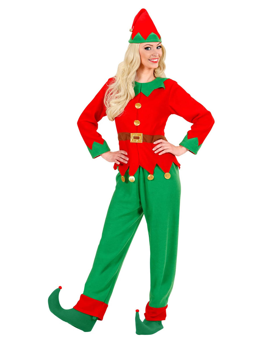 Disfraz de duende de papá noel para mujer rojo y verde con gorro y cubrebotas