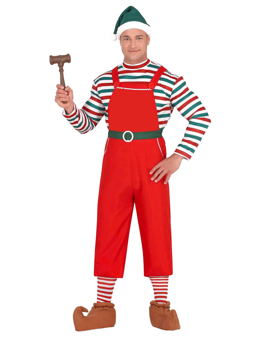 Déguisement lutin du Père Noël pour homme rouge et vert à rayures avec bonnet