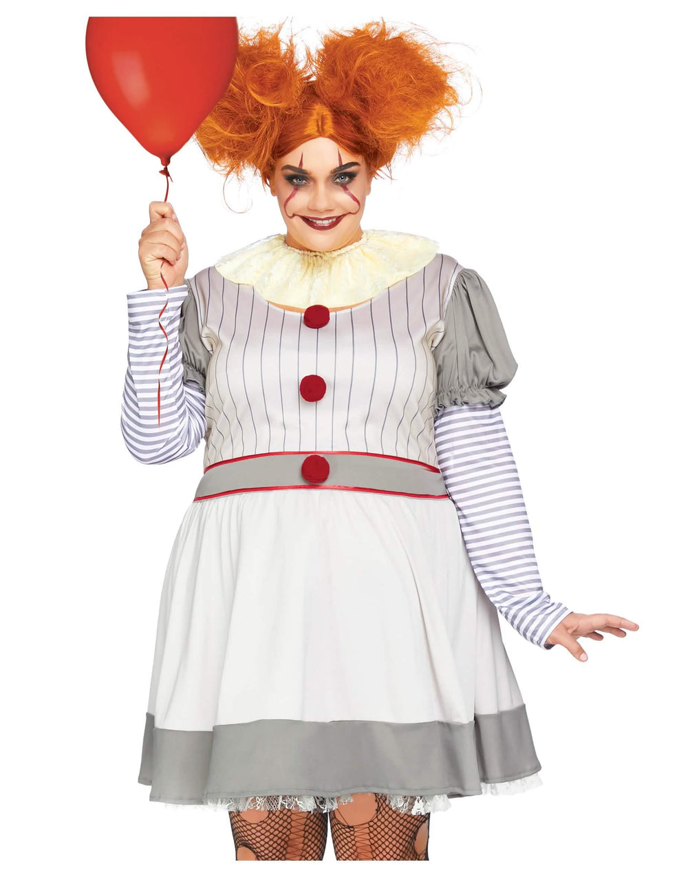 Déguisement de clownette terrifiante pour femme gris et blanc avec pompons rouges et ballon