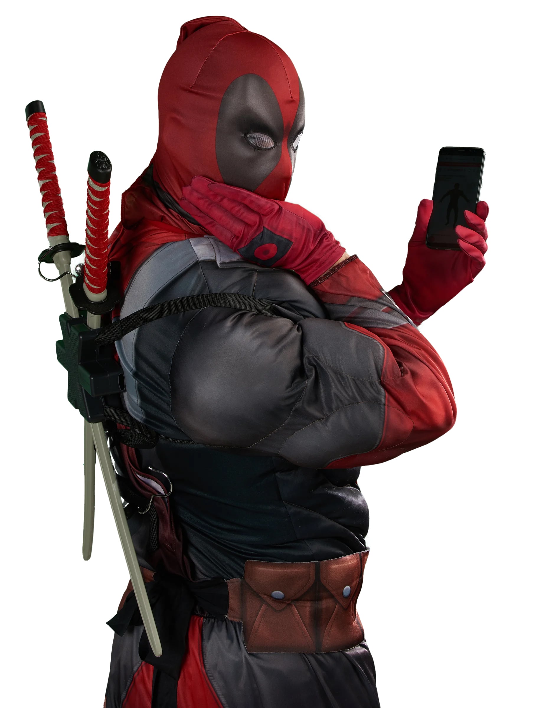 Vue de profil avec katanas du déguisement luxe Deadpool 2™