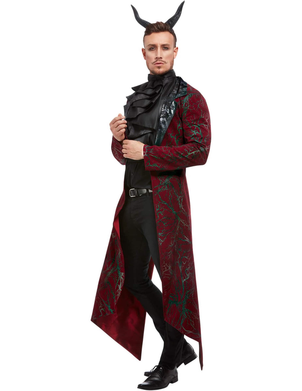 Déguisement de luxe diable pour homme bordeaux et noir avec cornes