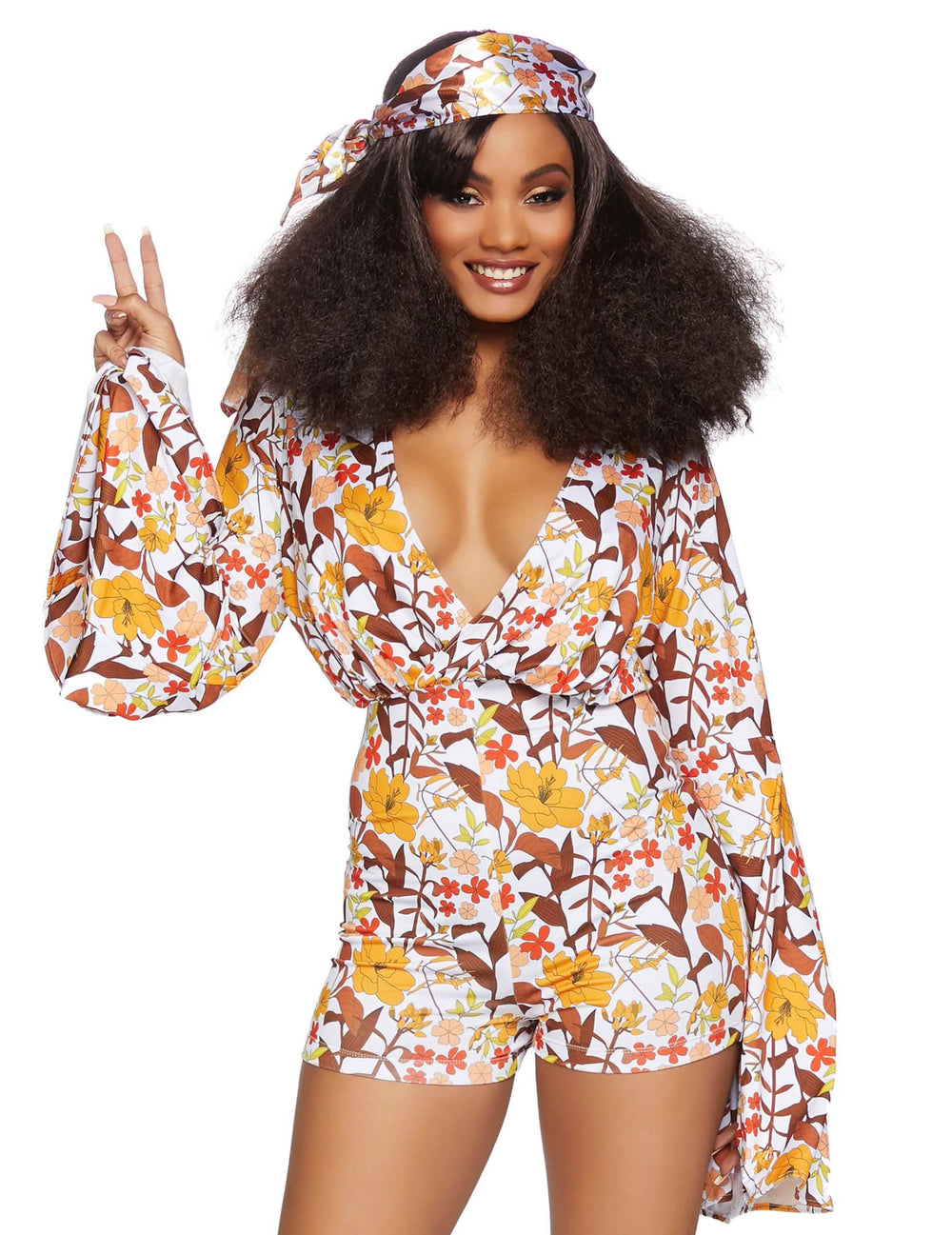 Disfraz de lujo sexy boogie para mujer con estampado floral naranja y amarillo con banda para el pelo