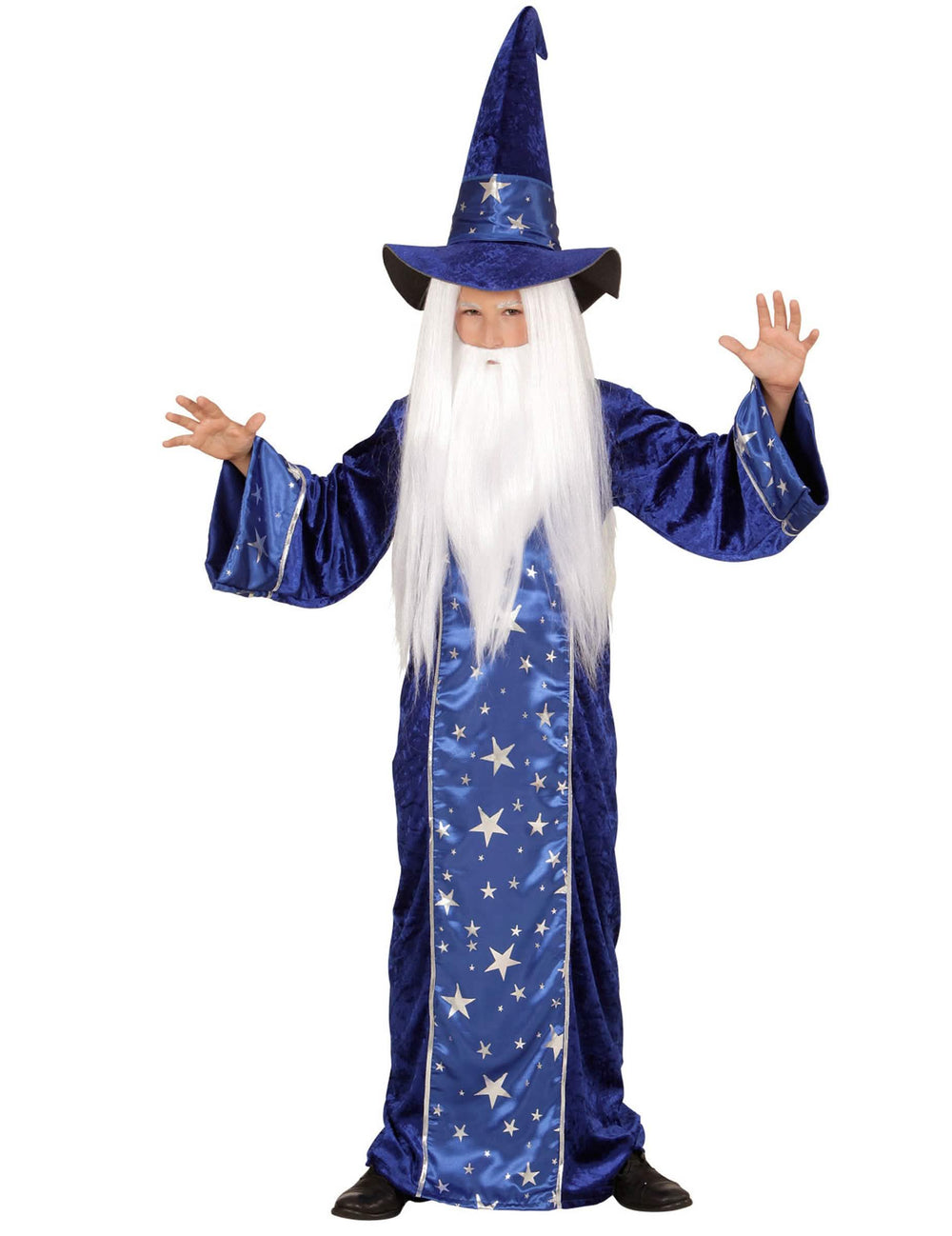 Disfraz de magos estrellado para niño azul con sombrero y barba blanca
