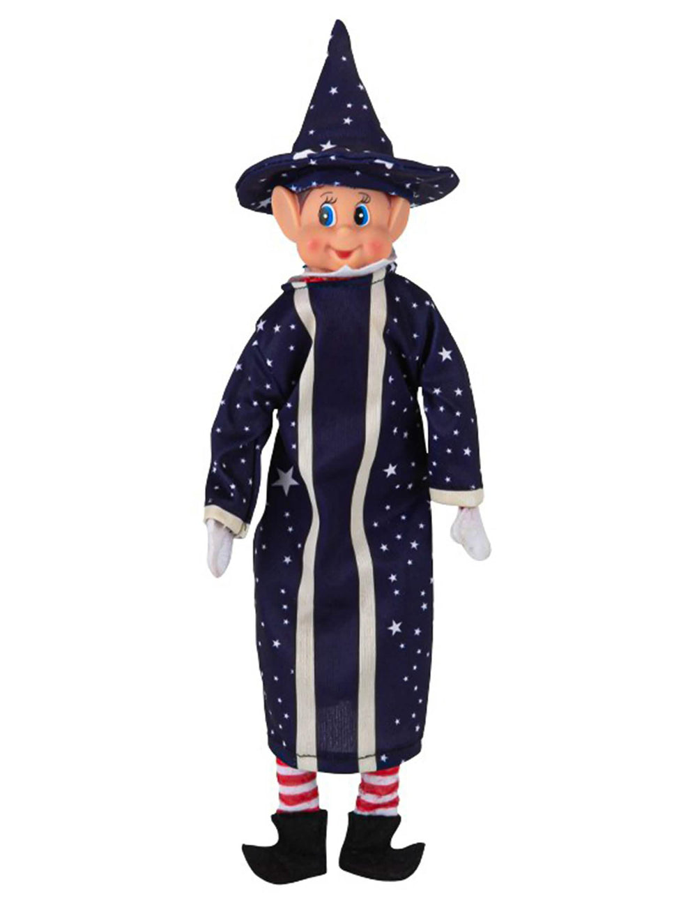 Disfraz de magos para muñeca duende travieso azul marino con motivos de estrellas y sombrero puntiagudo
