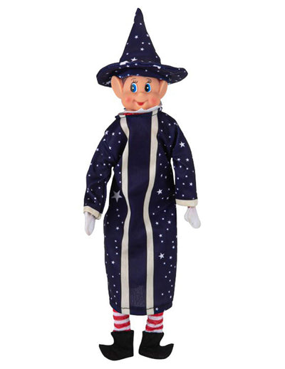 Disfraz de magos para muñeca duende travieso azul marino con motivos de estrellas y sombrero puntiagudo