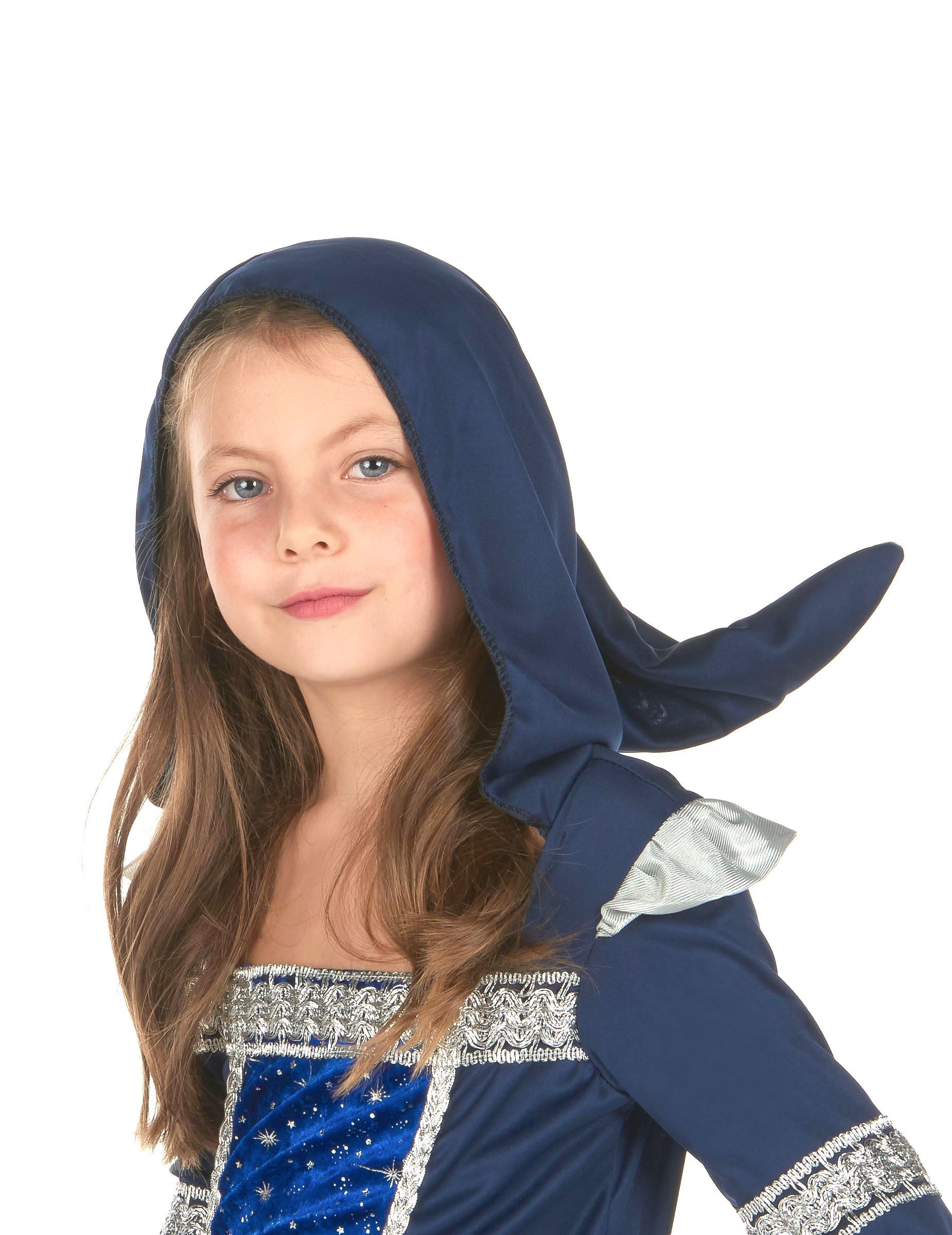 Détail de la capuche du déguisement de magicienne bleu nuit pour fille