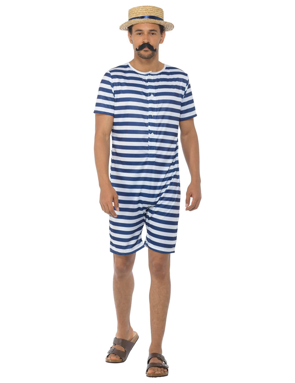 Disfraz de baño retro para hombre a rayas azul y blanco con sombrero y bigote
