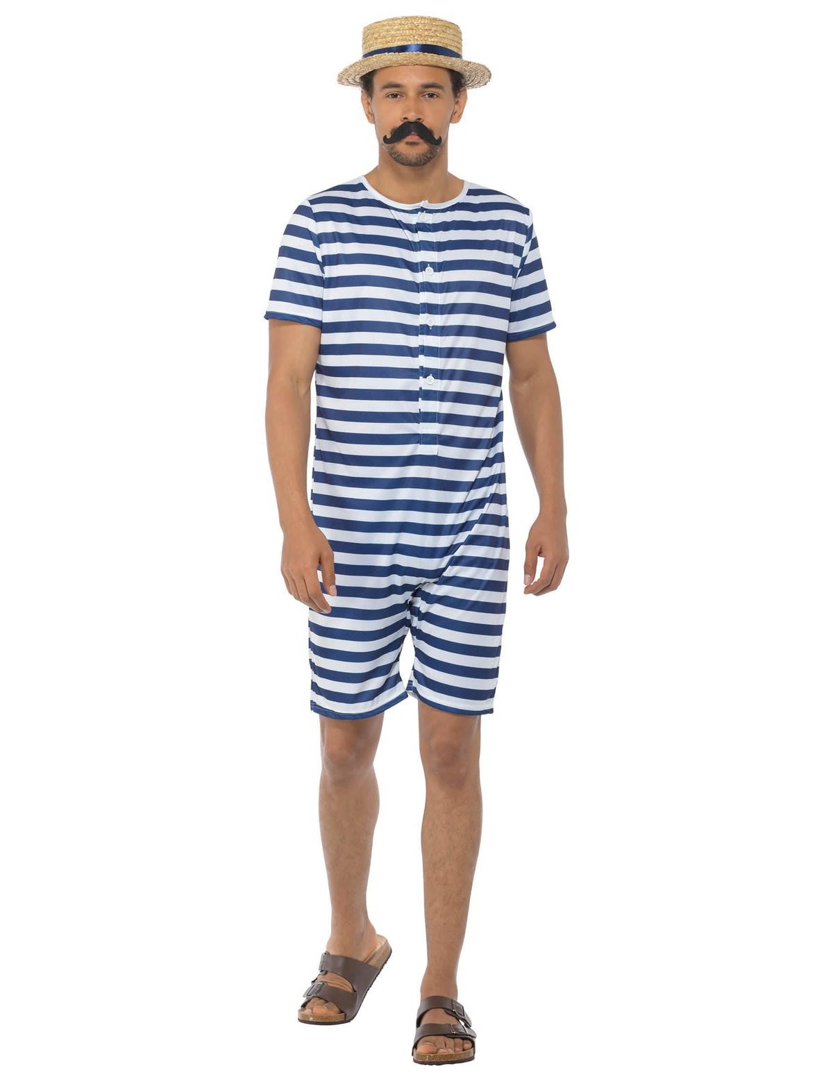 Disfraz de baño retro para hombre a rayas azul y blanco con sombrero y bigote