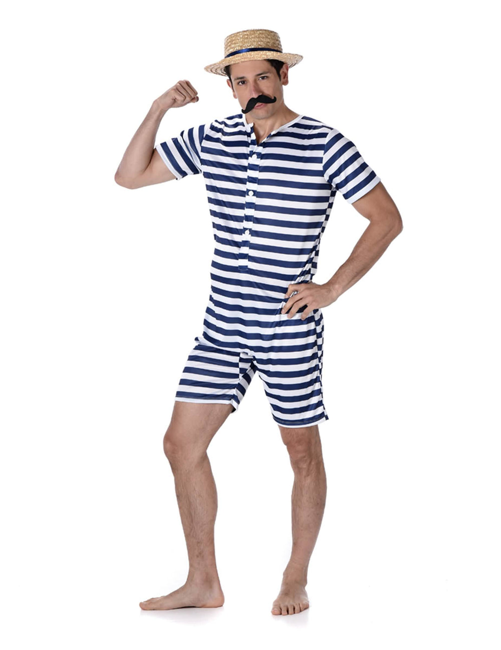 Disfraz de bañador retro para hombre a rayas azul y blanco