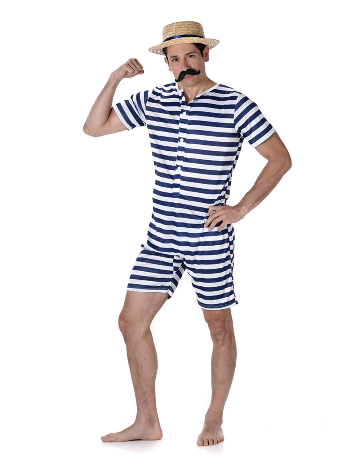 Disfraz de bañador retro para hombre a rayas azul y blanco