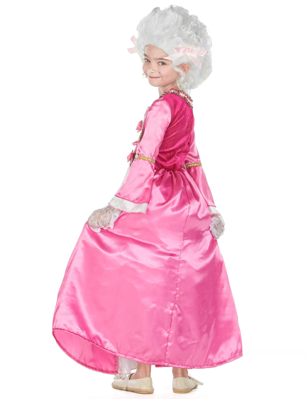 Vista trasera del vestido rosa del disfraz de María Antonieta para niño