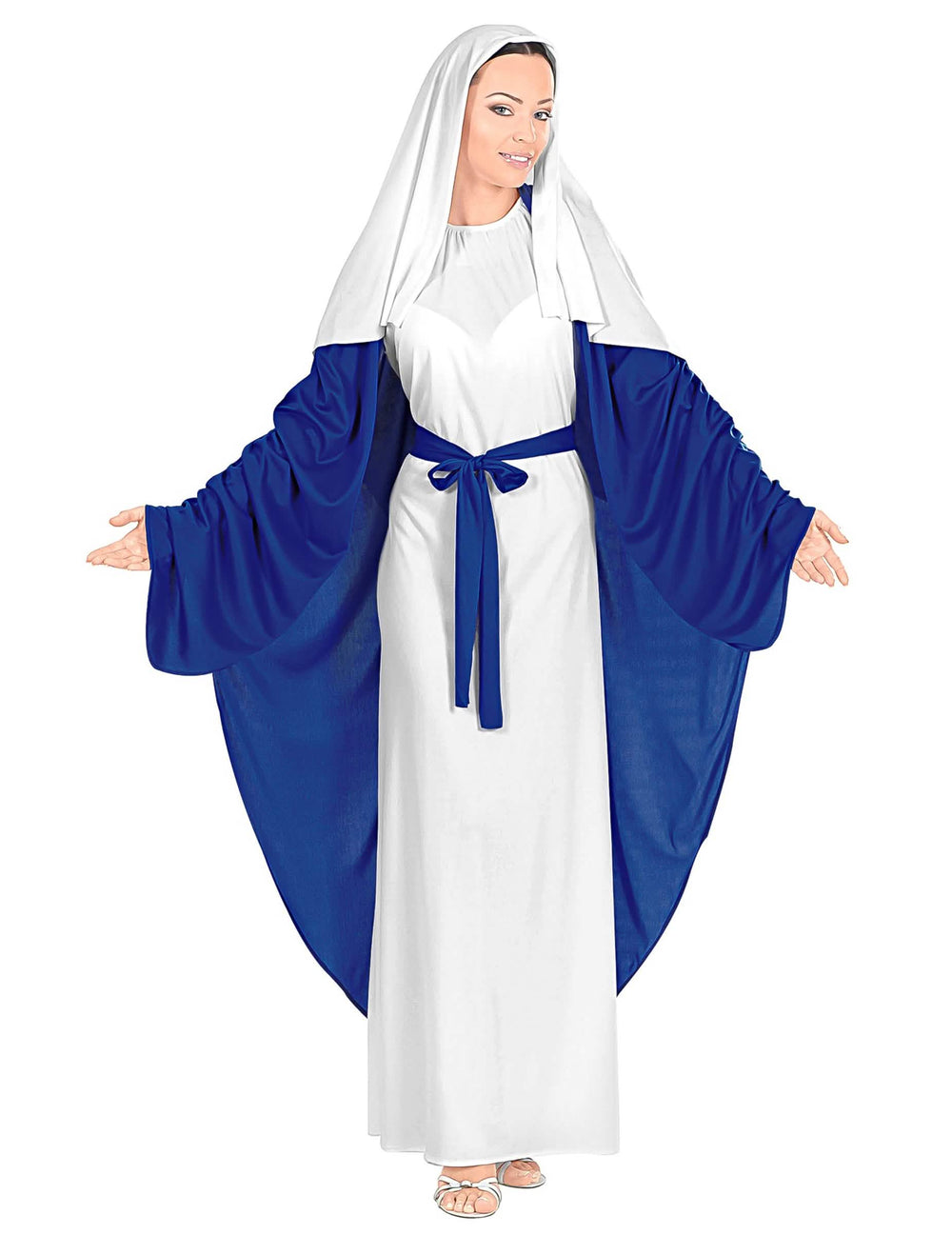 Disfraz de María para mujer azul y blanco con velo