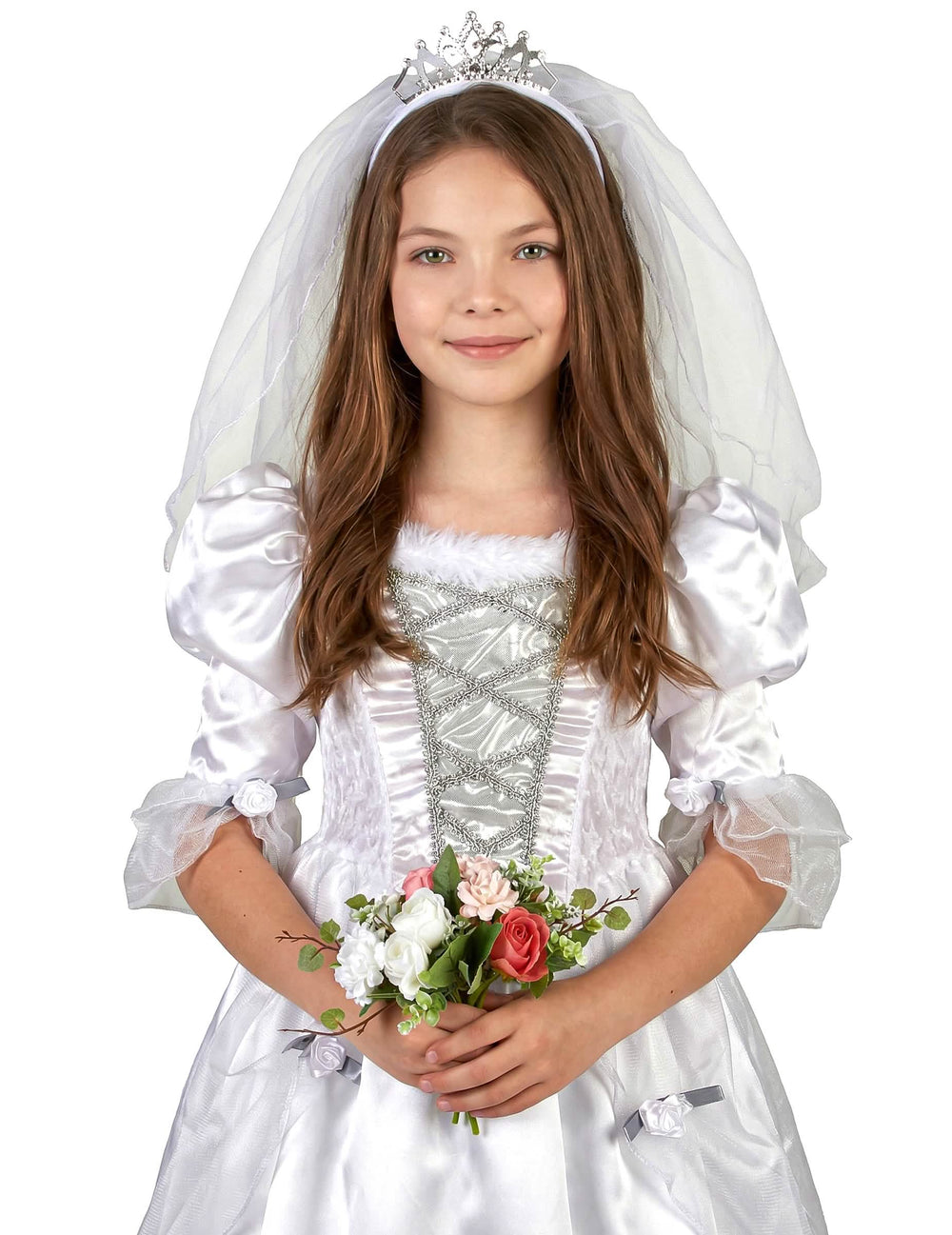 Gros plan sur le buste et le voile du déguisement de mariée pour fille