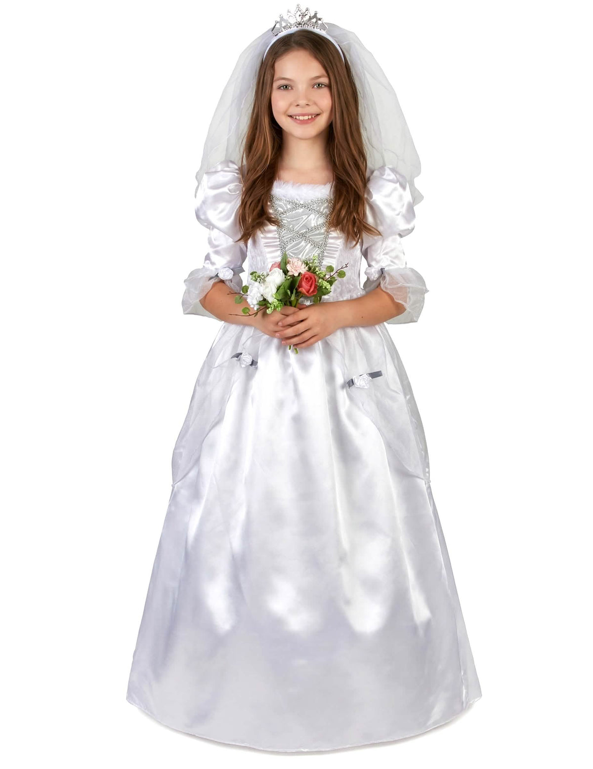 Vue de face du déguisement de mariée pour fille