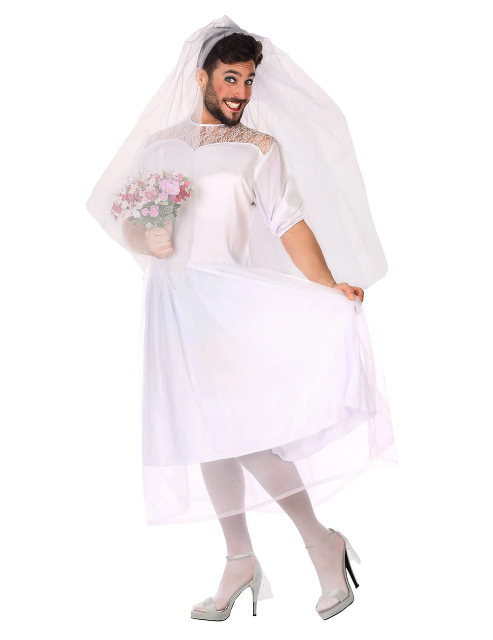 Disfraz de novia humorístico para hombre blanco con velo