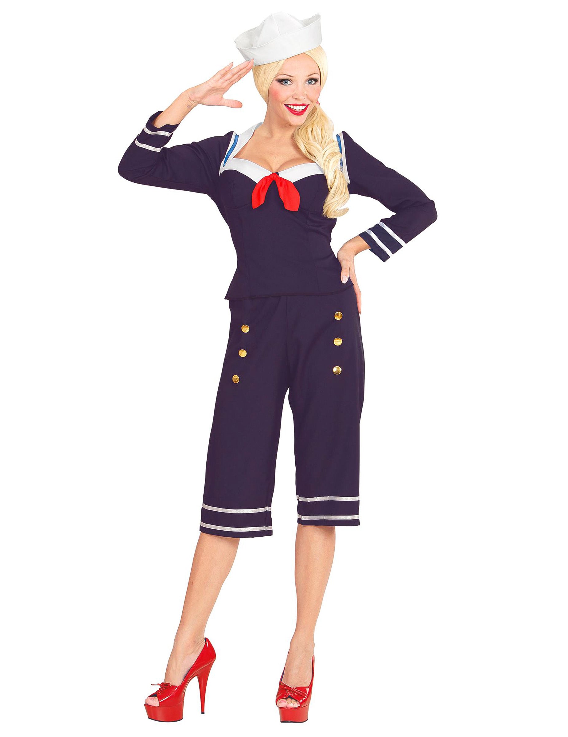 Déguisement de marin pin up pour femme bleu marine avec nœud rouge et chapeau