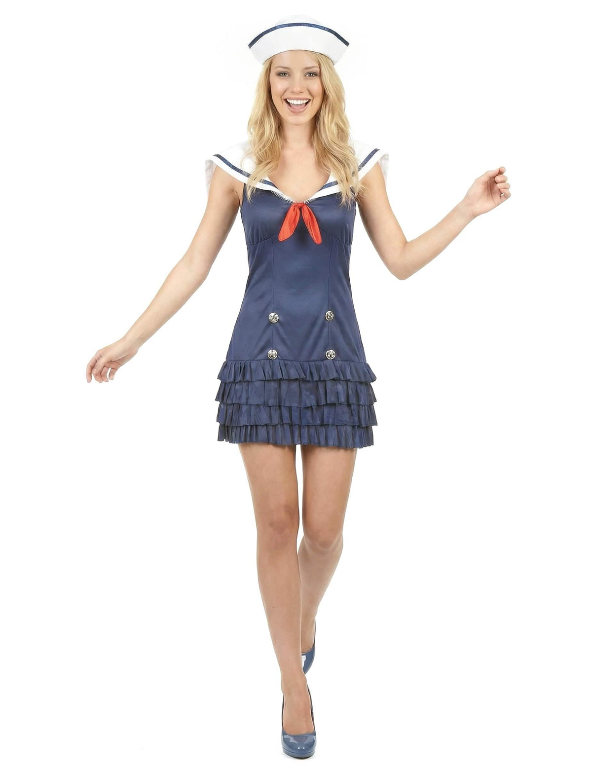 Disfraz de marinera sexy con cuello v para mujer azul marino con sombrero y lazo rojo