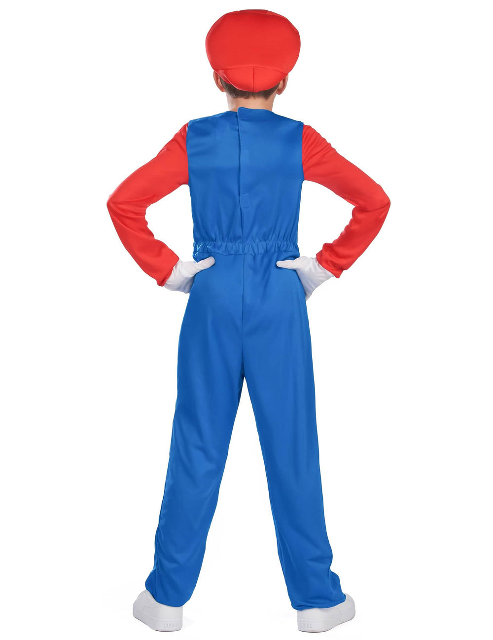 Disfraz Mario mono para niño azul y rojo vista trasera