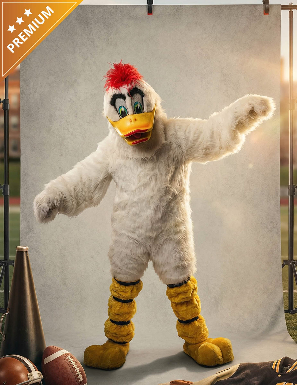 Disfraz de mascota pato para adulto blanco con cresta roja y pico amarillo