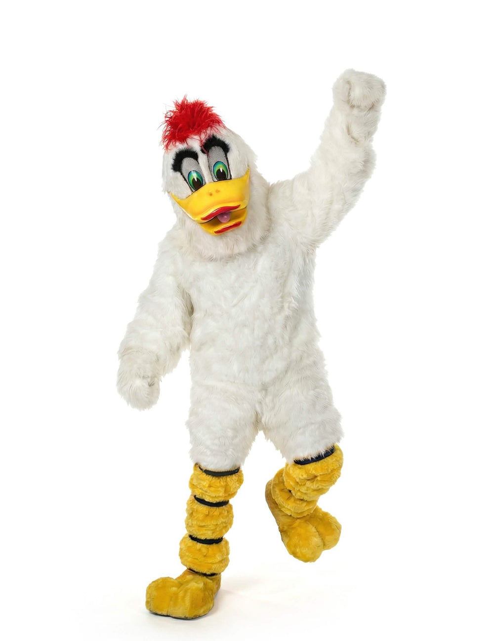Disfraz de mascota de pato para adulto blanco con pico amarillo y cresta roja