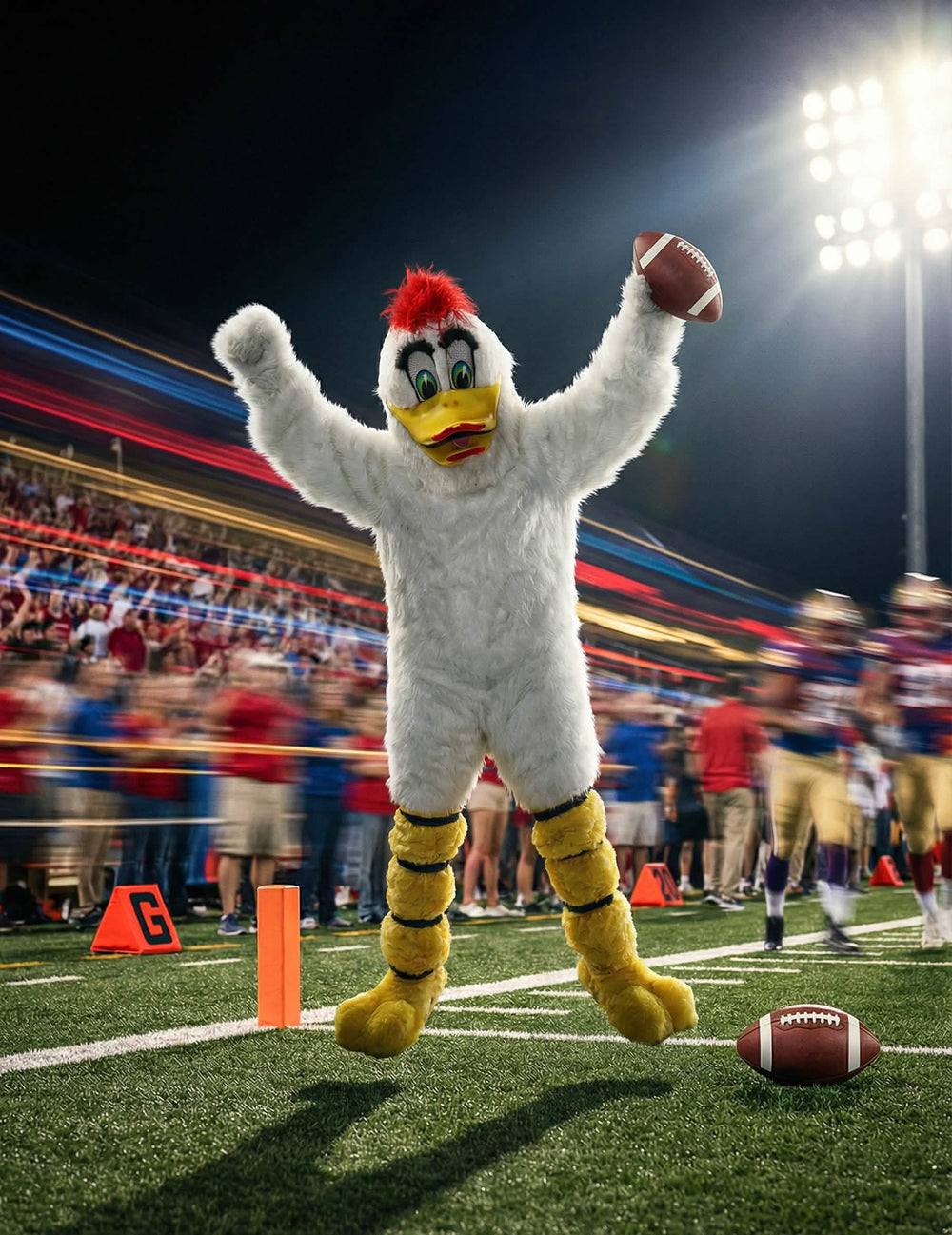 Puesta en escena en un campo deportivo del disfraz mascota pato para adulto