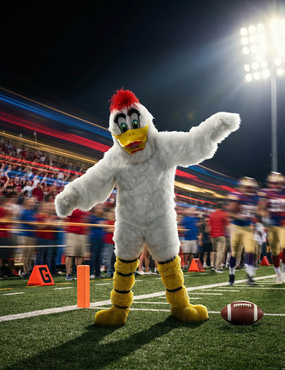 Mise en escena en un estadio del disfraz de mascota de pato para adulto