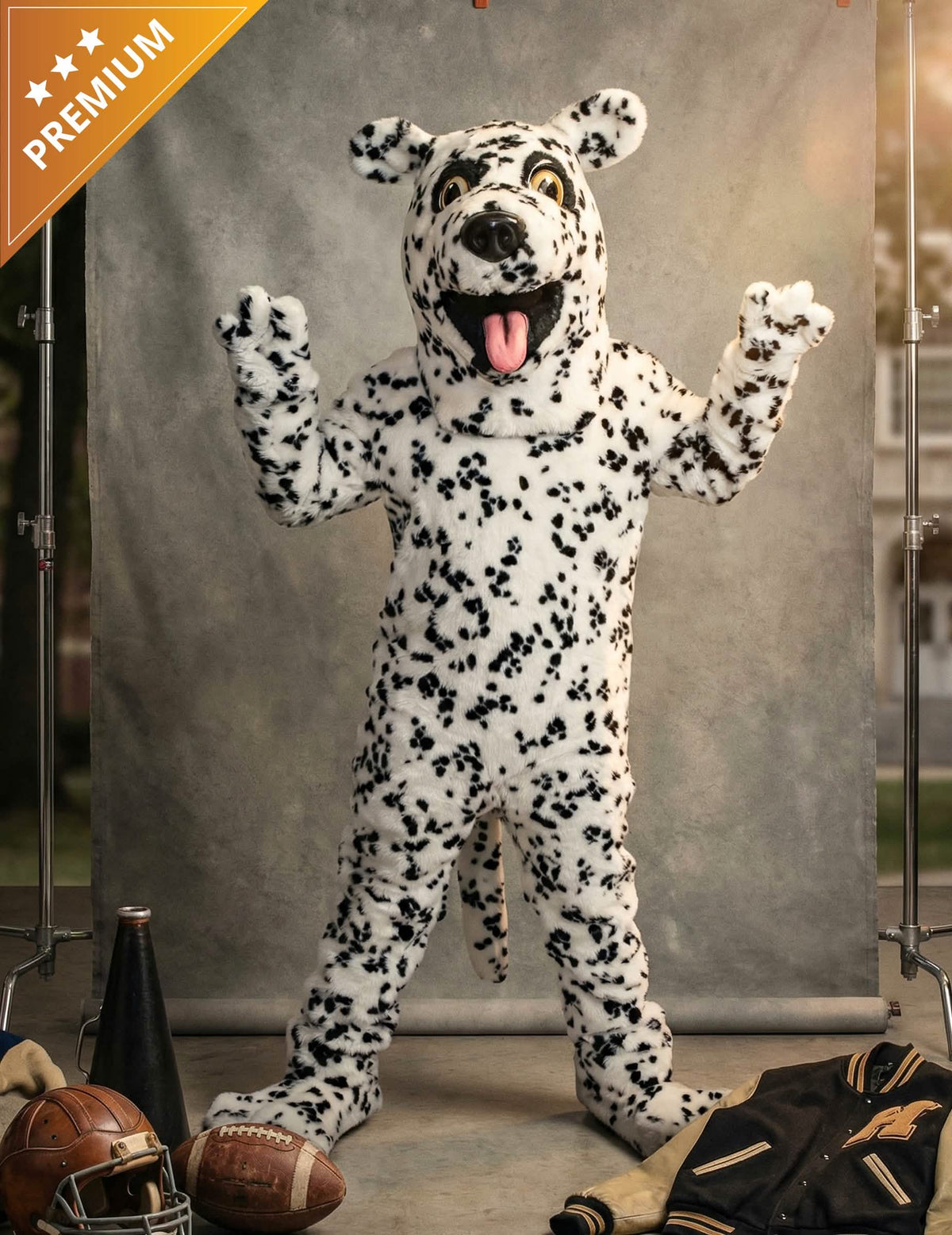 Disfraz de mascota de perro dálmata para adulto blanco con manchas negras