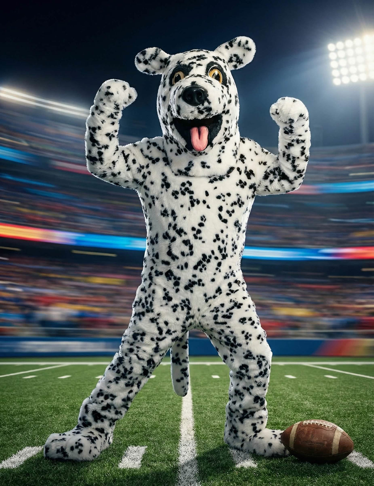 Escenario en un estadio de fútbol del disfraz mascota perro dálmata para adulto
