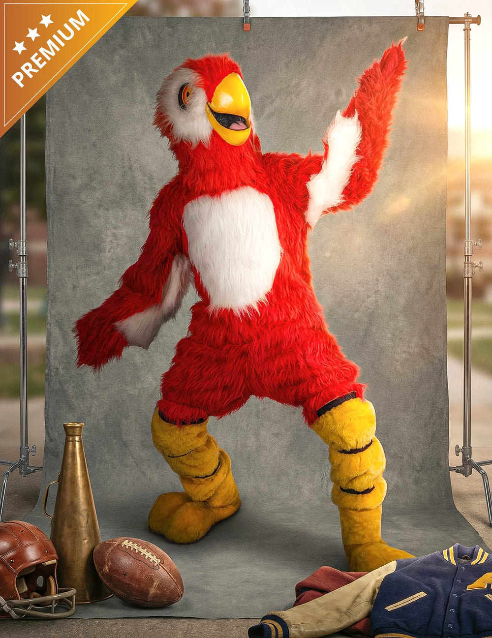 Disfraz de mascota loro para adulto rojo y blanco con patas amarillas