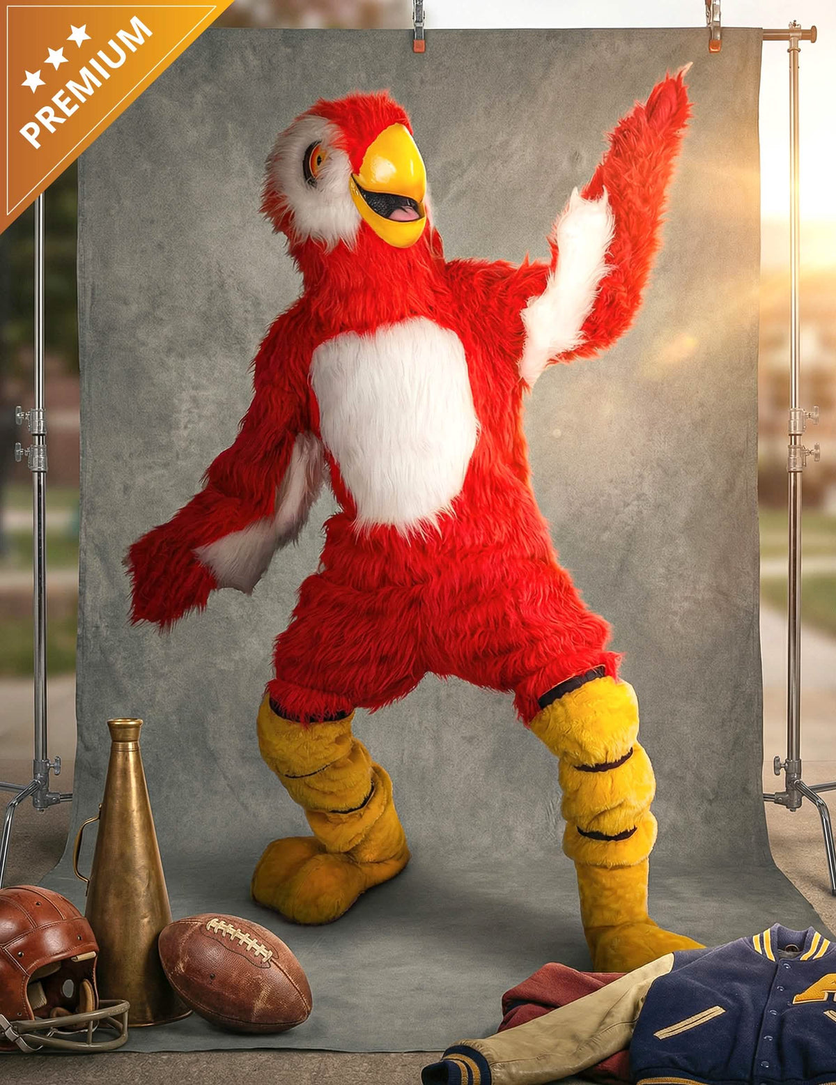 Disfraz de mascota loro para adulto rojo y blanco con patas amarillas