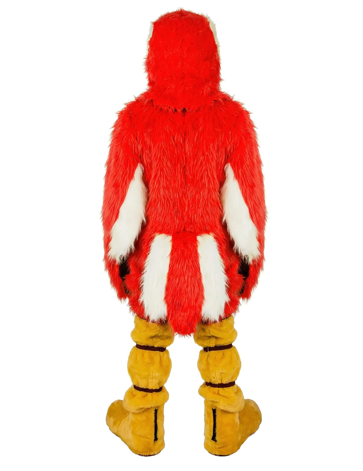 Disfraz de mascota de loro para adulto rojo y amarillo vista de espalda