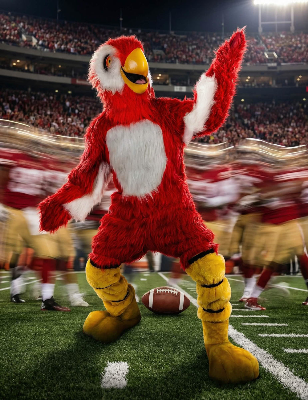 Puesta en escena en un campo de fútbol americano del disfraz de mascota loro rojo