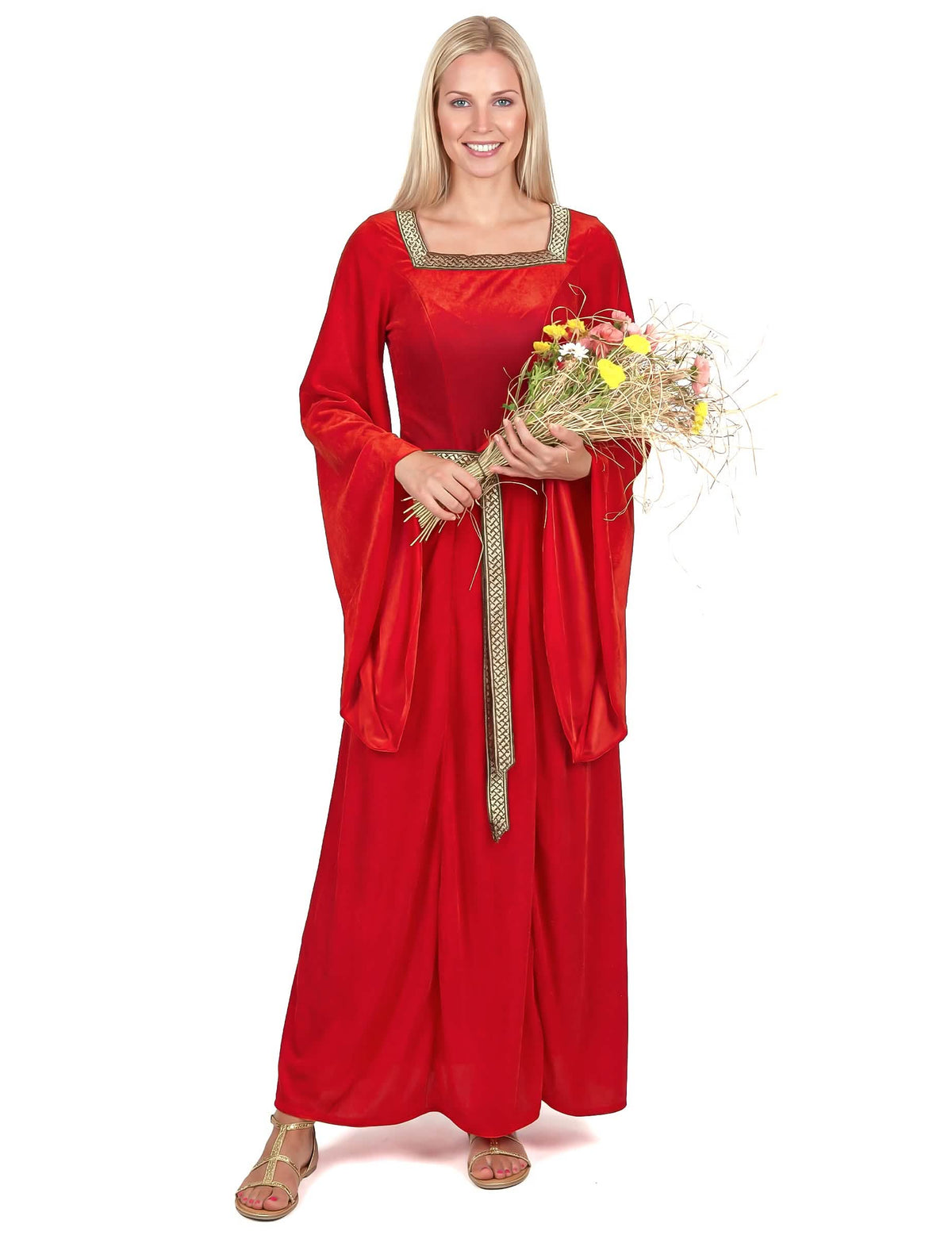 Disfraz medieval para mujer rojo efecto terciopelo con galones dorados