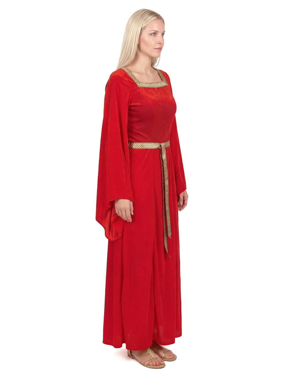 Vista de perfil del disfraz medieval para mujer rojo efecto terciopelo