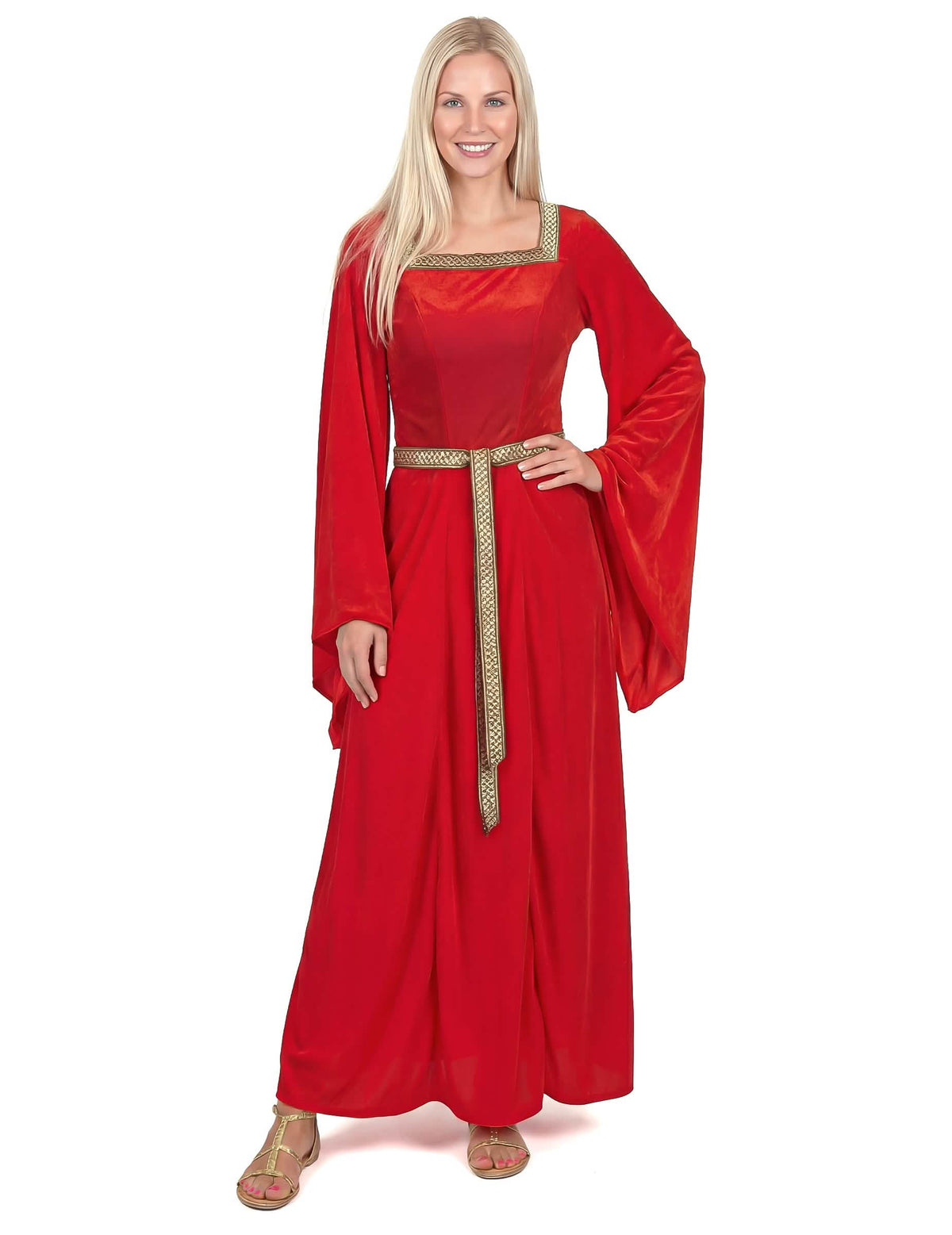 Vista frontal del disfraz medieval para mujer rojo efecto terciopelo