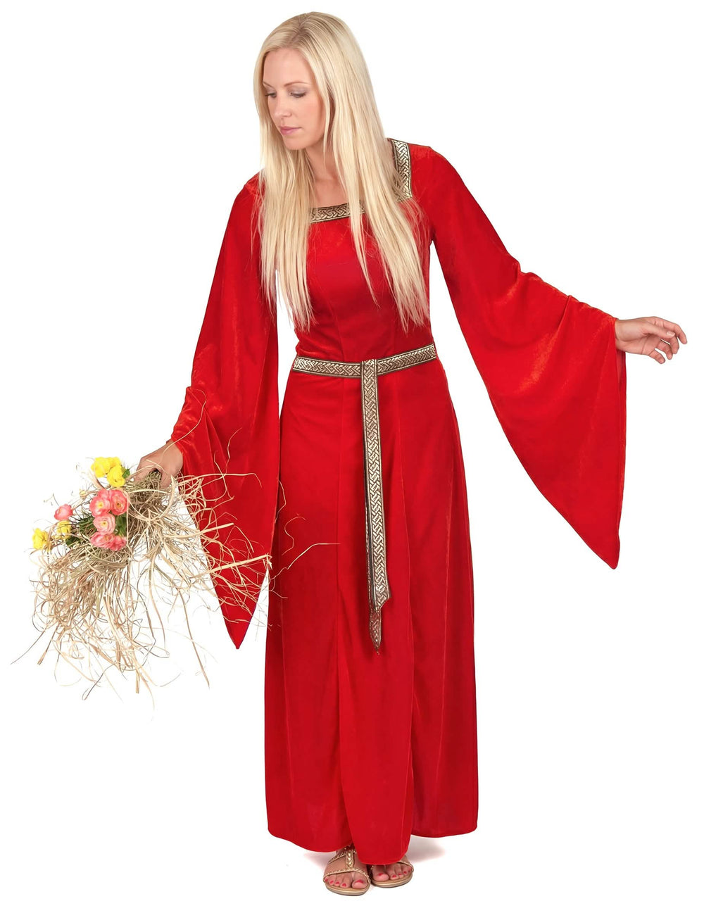 Vista general del disfraz medieval para mujer rojo efecto terciopelo